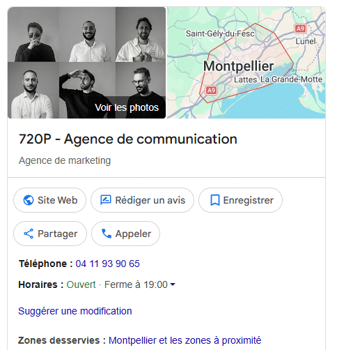 Fiche Google Business Profile d'un cabinet dentaire dans les résultats de recherche locale